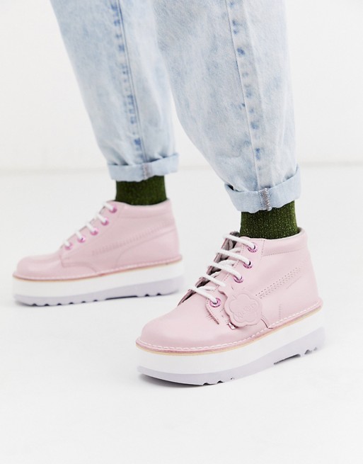 Kickers high stack leather boots in pink