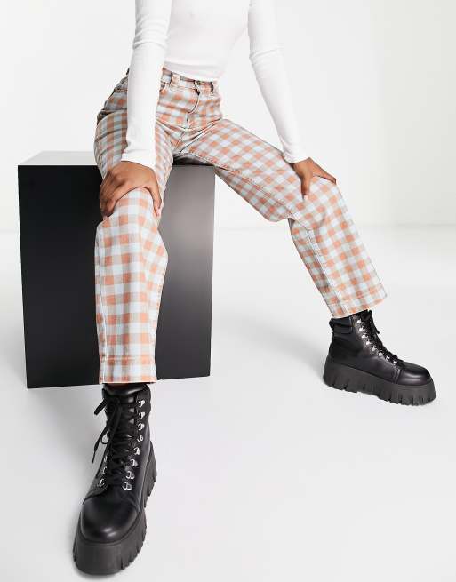 Kickers - Jeans dritti a quadri a contrasto con logo ricamato