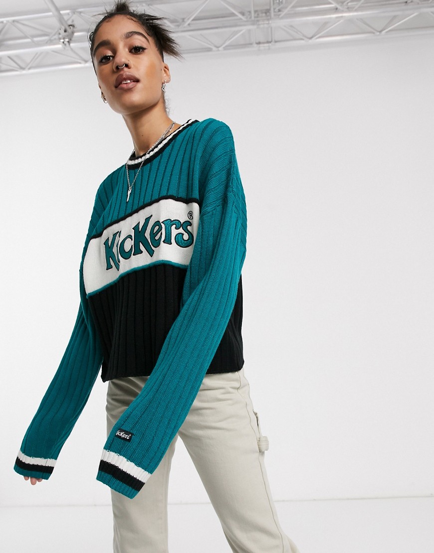 Kickers jumper with large front logo in retro colour block knit-Green