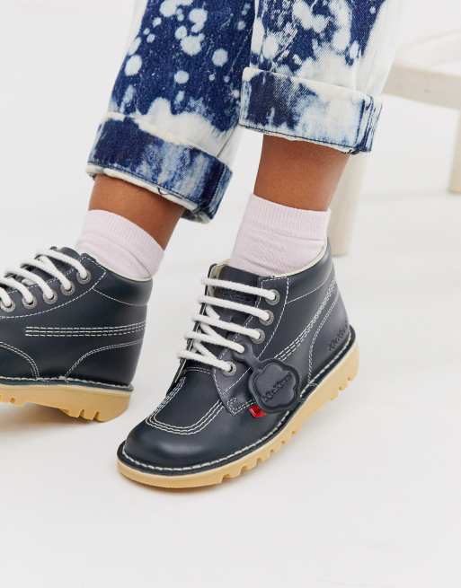 slijm organiseren Spoedig Kickers Kick Hi Core navy blue leather hi top flat boots | ASOS