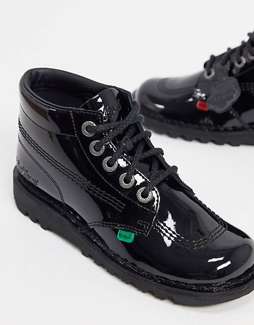 KICKERS Kick Hi Black Leather Boots Patent New Boys Girls Ankle Sale Size 12.5-6 