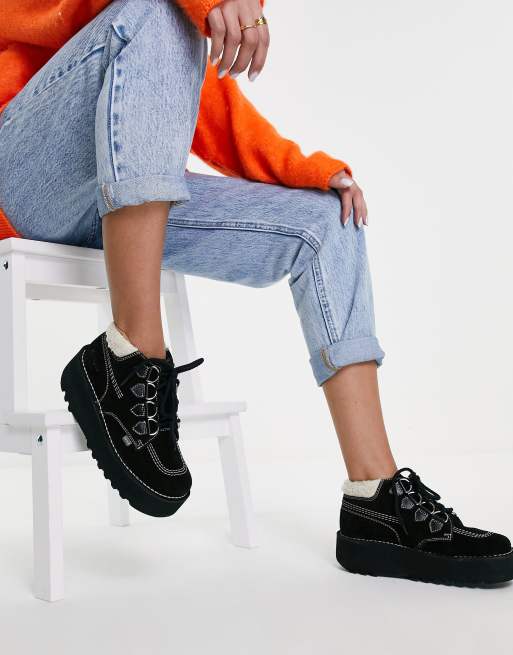 Kickers Kick Hike exclusive stack lace up boots with contrast borg collar in black suede