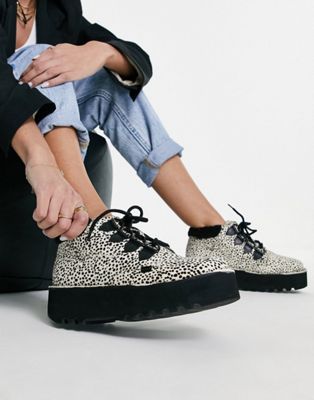Kickers Kick Hike stack exclusive pony effect leather lace up boots with borg collar in leopard - ASOS Price Checker