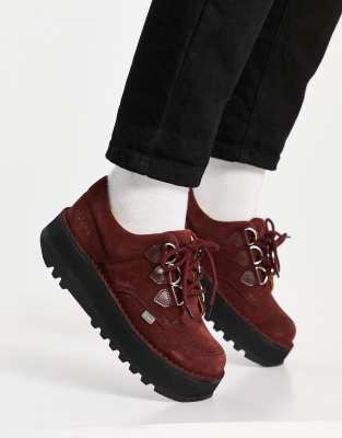 Kickers kick lo creepy d ring shoes in burgundy suede-Red