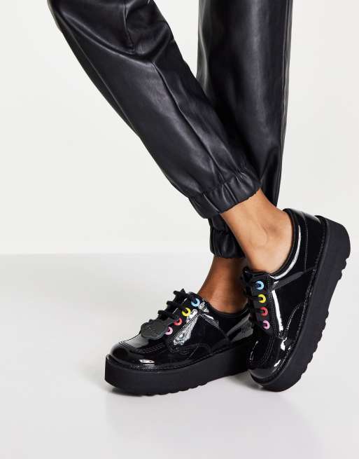 Kickers kick lo stack patent leather shoe in black | ASOS