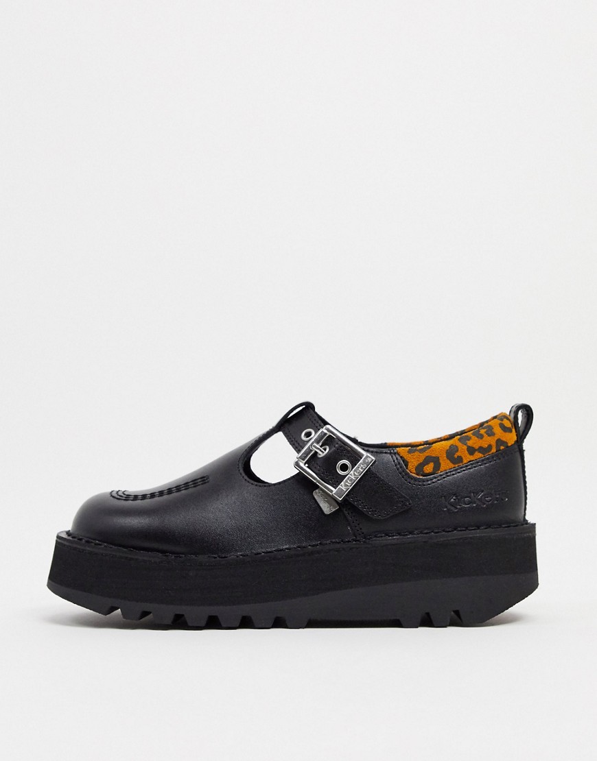 Kickers Kick Stack t-bar shoes in black with leopard trim-Multi