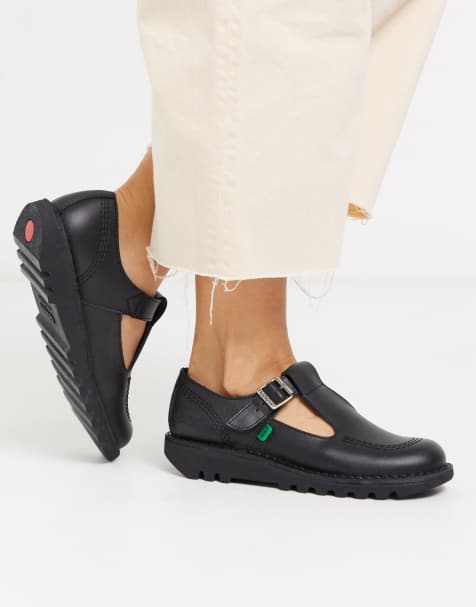 Kickers Kick T flat leather t-bar shoes in black - view 1