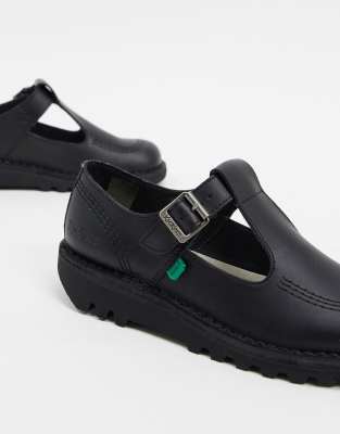 Kickers Kick T Flat Leather T-bar Shoes In Black