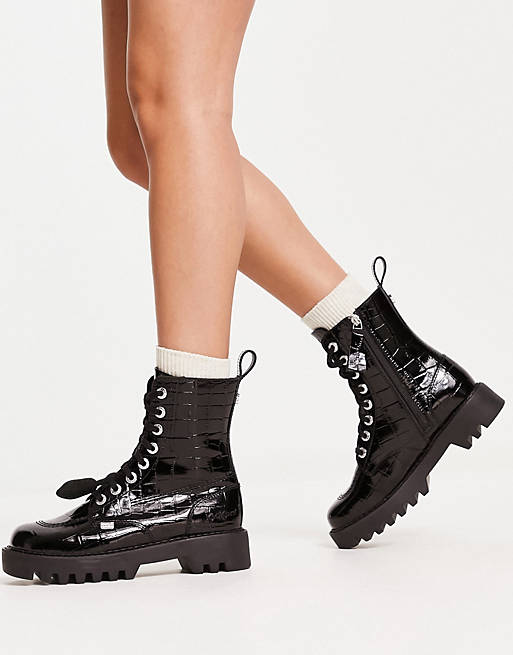 Kickers Kizzie lace front boots in black patent croc leather | ASOS