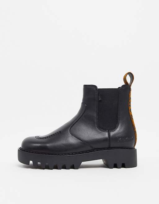 Kickers Kizziie chunky chelsea boots in black with leopard back tab | ASOS