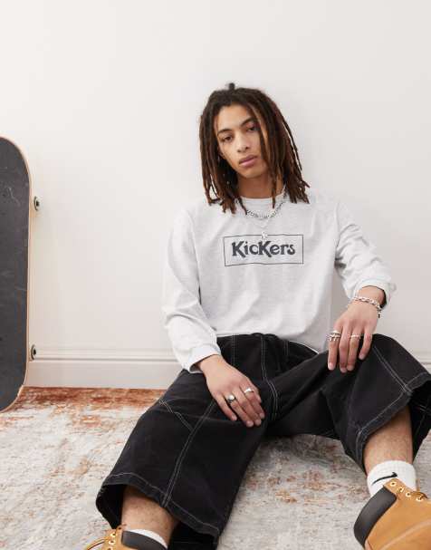 Kickers - Langærmet T-shirt i meleret lysegrå med grafisk marineblåt logoprint - view 1