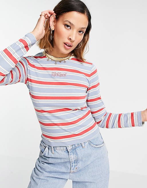 Kickers long sleeve relaxed t-shirt with embroidered logo in retro stripe