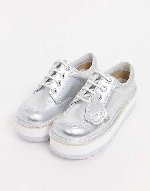 Kickers low stack leather flat shoes in silver