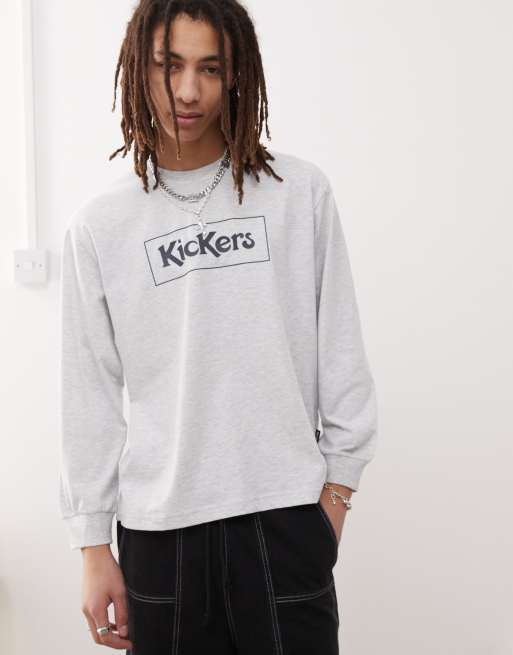 Kickers - Maglietta a maniche lunghe color grigio chiaro mélange con grafica blu navy, 2 di 4