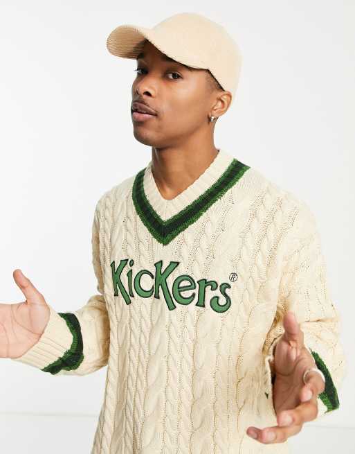 Kickers - Maglione a trecce bianco sporco con scollo a V e logo applicato