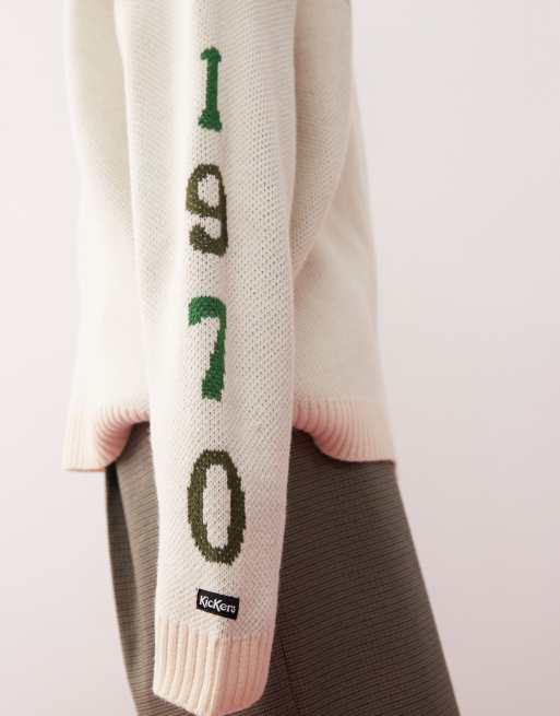 Kickers - Maglione comodo color crema con logo "1970" verde e nero, 4 di 4