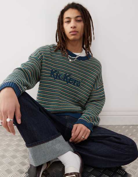 Kickers - Maglione lavorato squadrato color blu navy a righe con logo Kickers - view 1