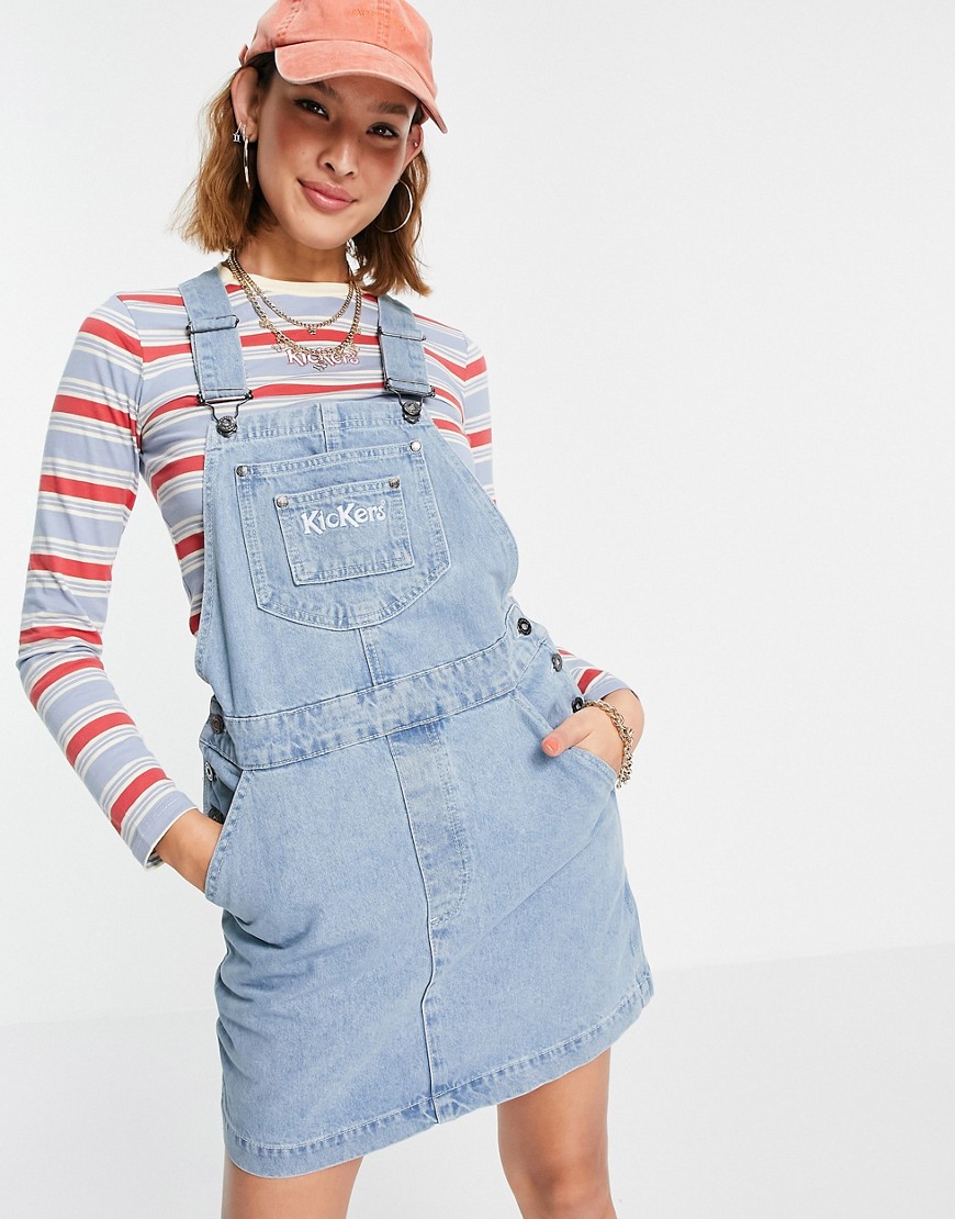 Kickers mini overall dress with embroidery logo in vintage wash denim-Blues