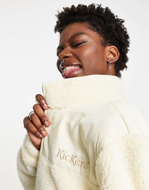 Kickers – Oversize-Jacke aus Teddyfell mit aufgesticktem Logo und Webeinsatz