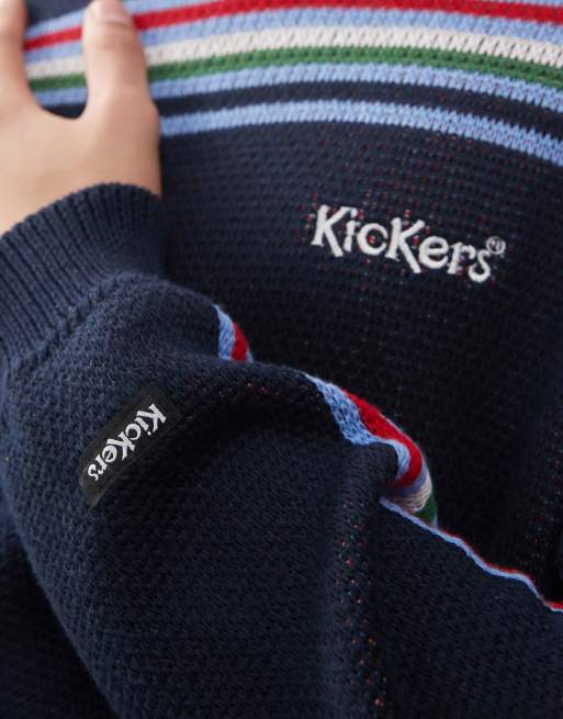 Kickers oversized fit retro knit jumper with multi stripe in deep navy ...