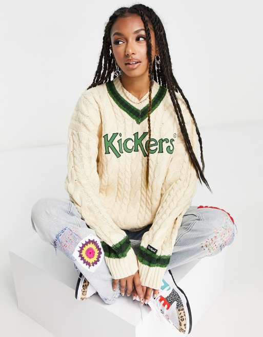 Kickers oversized vintage style knitted cricket jumper with contrast collar