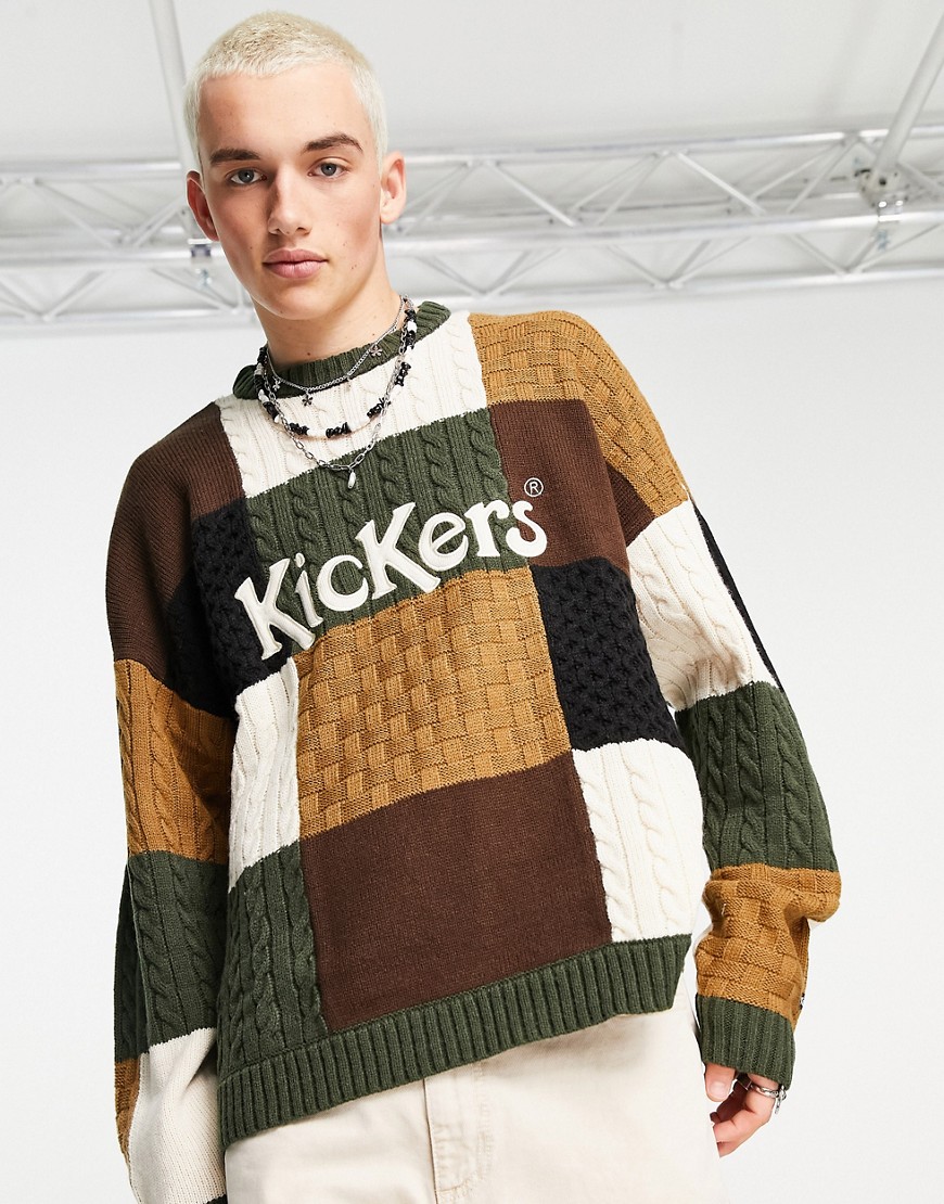 Kickers panel logo knit sweater in multi-Brown