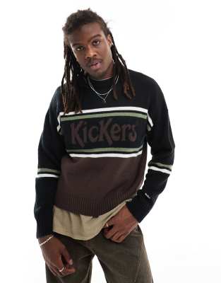 Kickers Kickers relaxed knit jumper with stripe logo in brown black