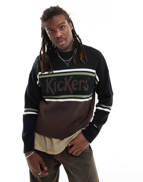 Kickers relaxed knit jumper with stripe logo in brown black - view 1