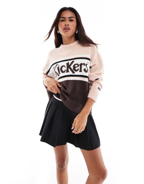 Kickers relaxed knit sweater with stripe logo in pink and brown - view 1
