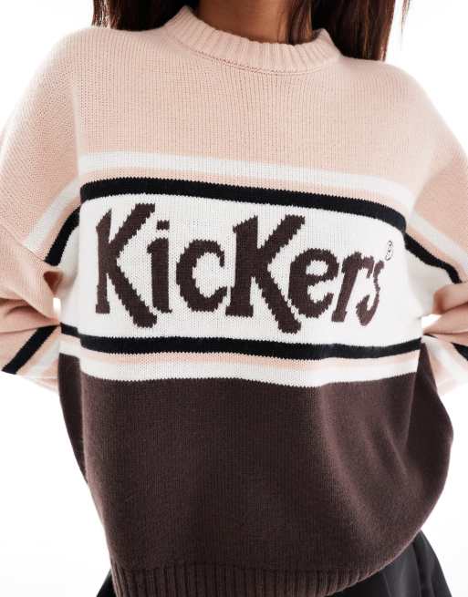 Kickers relaxed knit sweater with stripe logo in pink and brown | ASOS