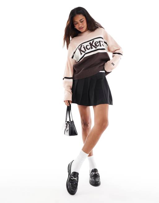 Kickers relaxed knit sweater with stripe logo in pink and brown | ASOS