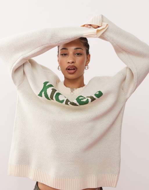 Kickers relaxed knitted jumper with green black 1970 logo in cream, 2 of 4