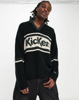 Kickers ribbed open collar sweater in forest green