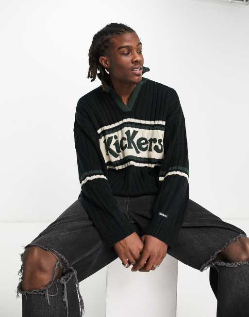 Kickers ribbed open collar sweater in forest green, 3 of 4