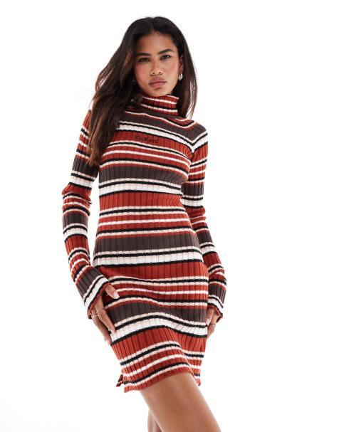 Kickers - Robe pull en maille ajustée à col roulé et rayures rétro - Rose et marron - view 1