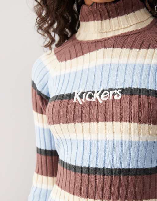 Kickers – Röd och blå, flerfärgat randig, stickad klänning i retrostil, 2 av 4
