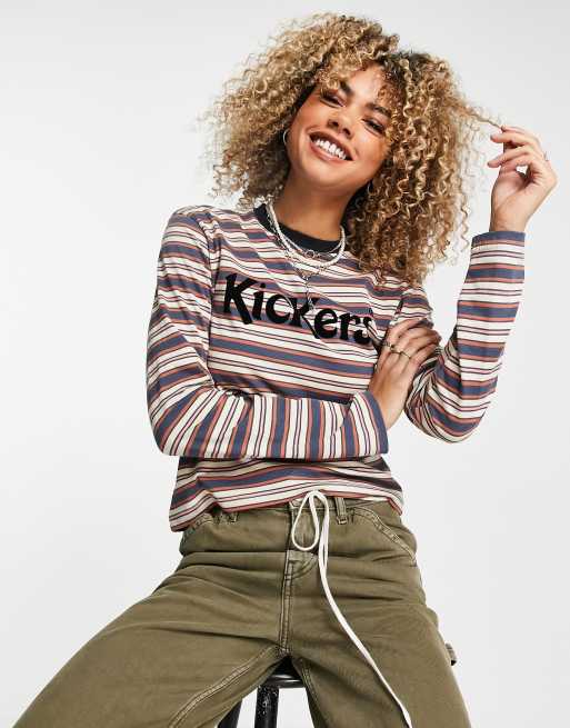 Kickers - Ruimvallend T-shirt met lange mouwen, logo op de voorkant en retro strepen