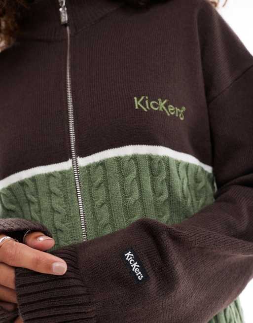 Kickers – Strickjacke in Grün-Braun mit Reißverschluss und Stehkragen im Stil der 90er, 3 von 4