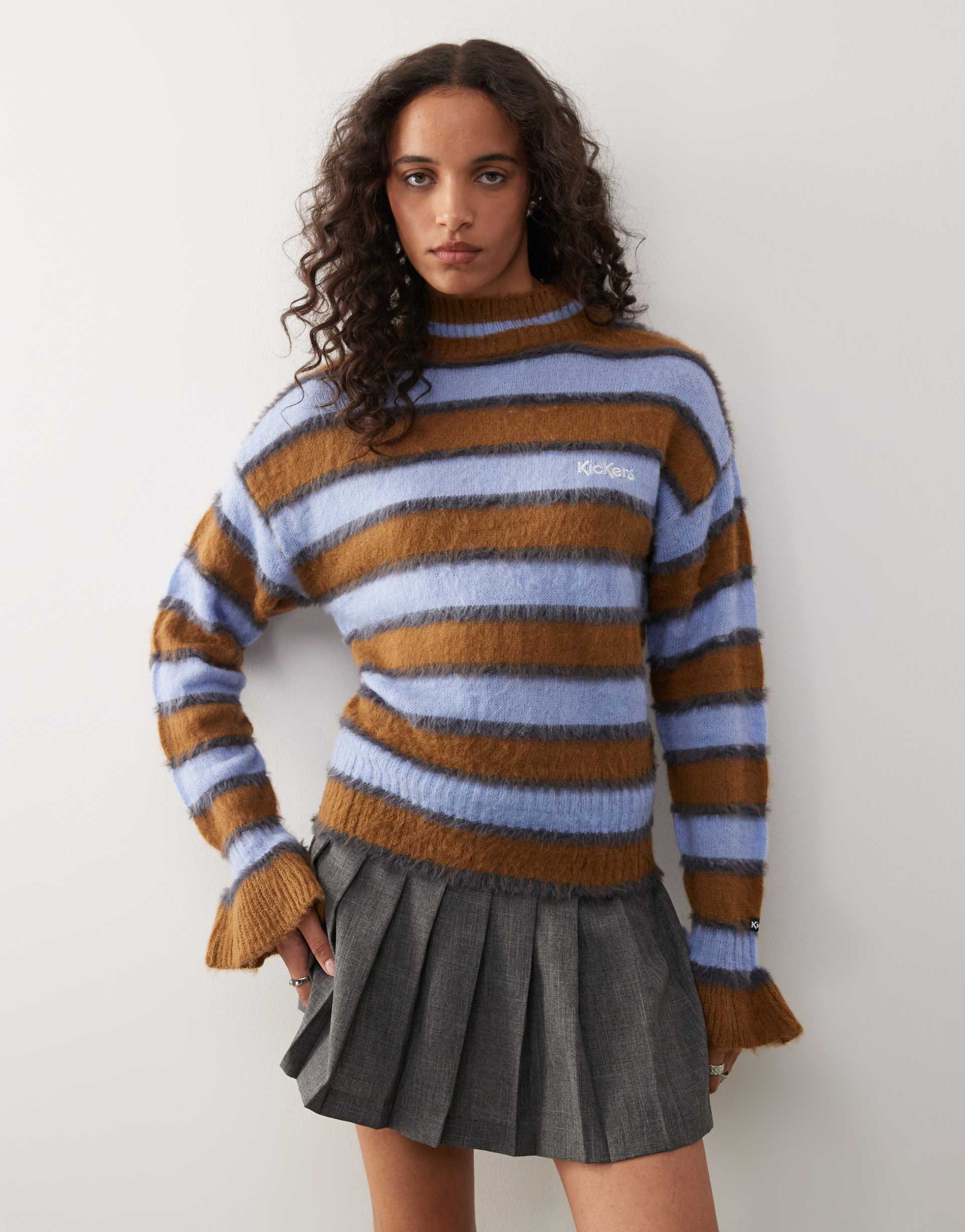 kickers striped fuffy knit sweater in brown blue stripe