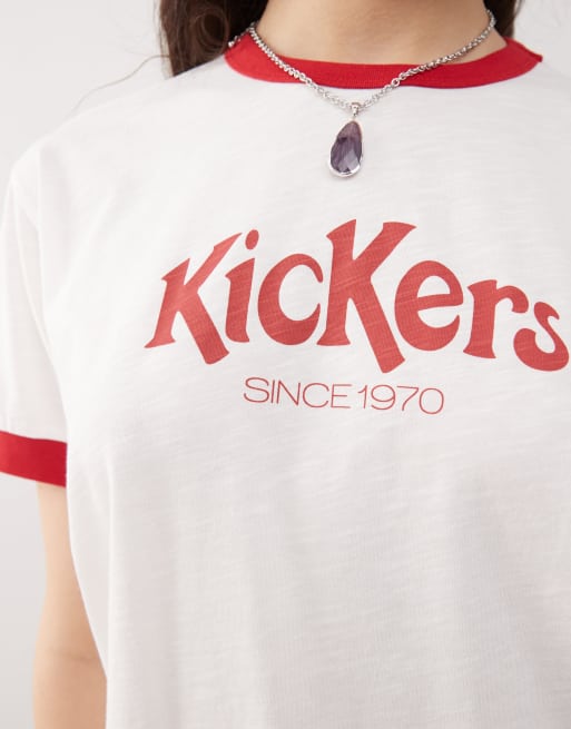 Kickers - T-shirt corta bianca con bordi a contrasto e logo rosso, 3 di 4
