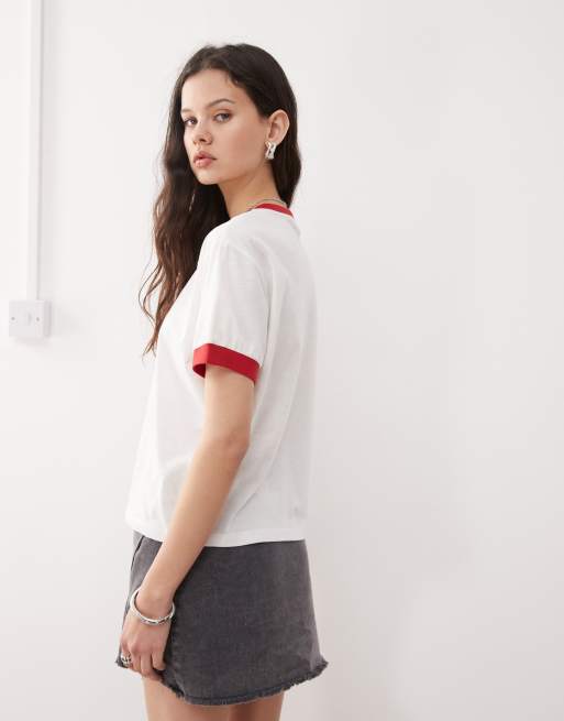 Kickers - T-shirt corta bianca con bordi a contrasto e logo rosso, 4 di 4