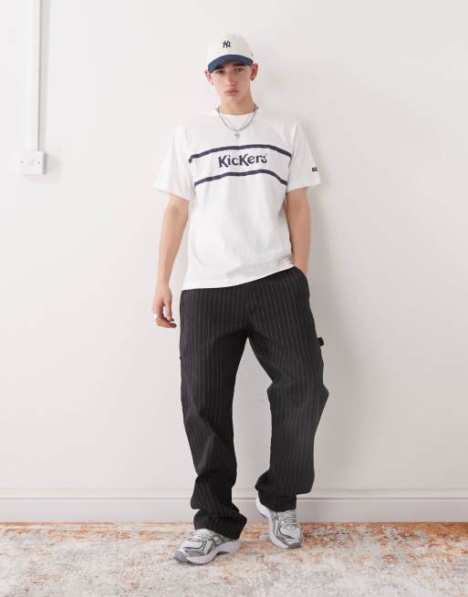 Kickers - T-shirt oversize écru con grafica blu navy, 3 di 4