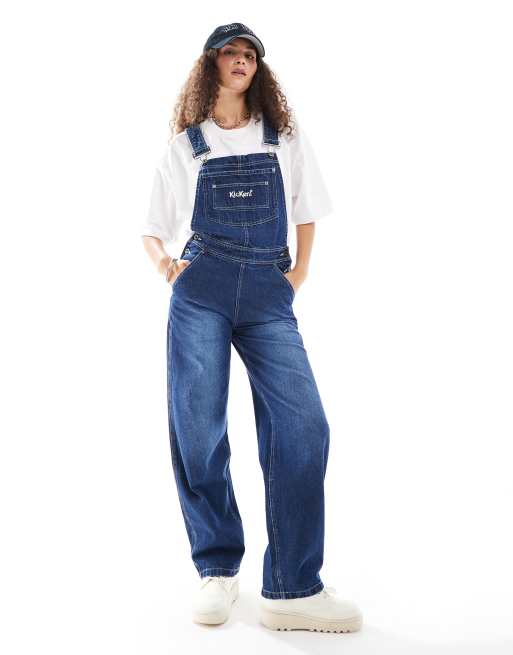 Kickers- Tuinbroek met wijde pijpen in indigo denim met wassing