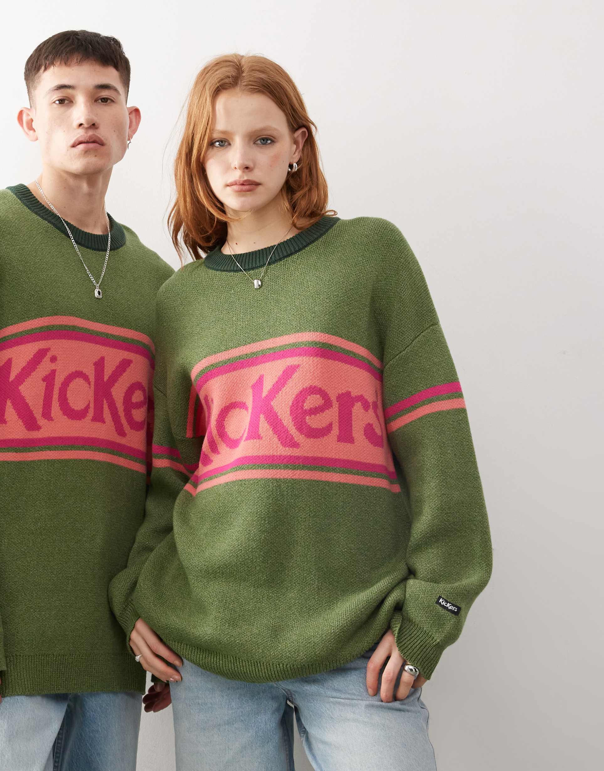 kickers unisex oversized knit sweater with pink kickers logo in green