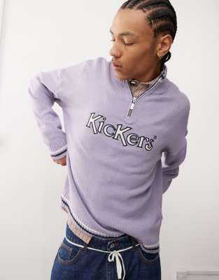 unisex quarter zip knit sweater with applique logo in mauve-Purple