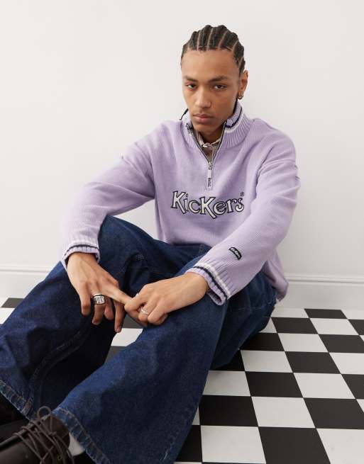 Kickers unisex quarter zip knit sweater with applique logo in mauve | ASOS