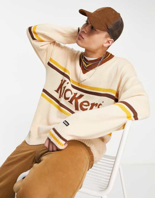 Kickers v neck jumper logo stripe in ecru ASOS