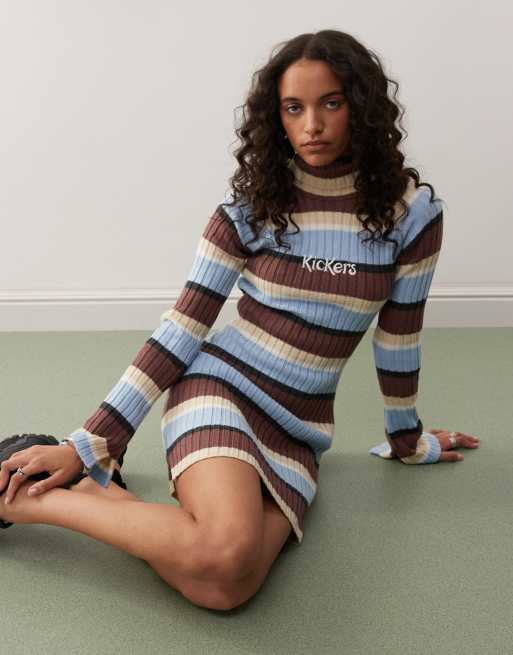 Kickers - Vestito in maglia a righe rosse, blu e multicolore stile rétro