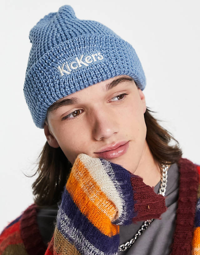 Kickers - waffle beanie in blue with logo embroidery