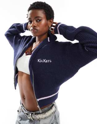 zip through cropped knit sweater with embroidered logo-Navy